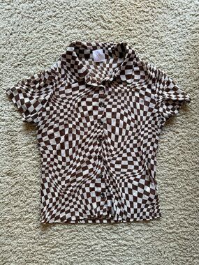 Brown and White Checkered Mesh Button Down Shirt